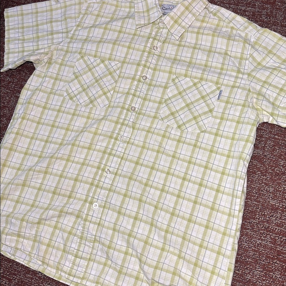 Carhartt short sleeve button down green plaid shirt men’s XL work shirt